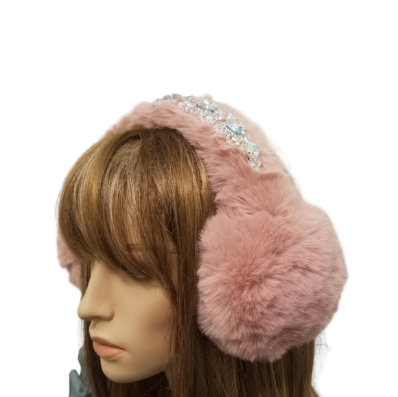Blush Pink Faux Fur Crystal Embellished Earmuffs Earwarmers Rhinestone Headband - Picture 6 of 16